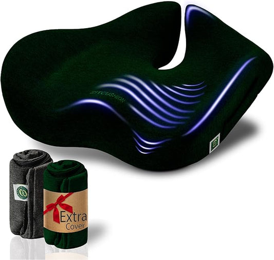 Pressure Relief Seat Cushion for Tailbone Pain – X Large Office Chair Cushion for Back Pain, Coccyx & Sciatica Pain Relief Pillow. Memory Foam Seat Cushions for Office Chairs + Extra Cover (Green)-DeskLoop Office