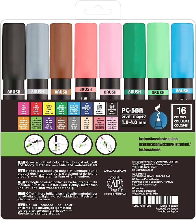 POSCA PC-5BR Water-Based Paint Markers, Reversible Brush Tip, 16 pack - Image 2