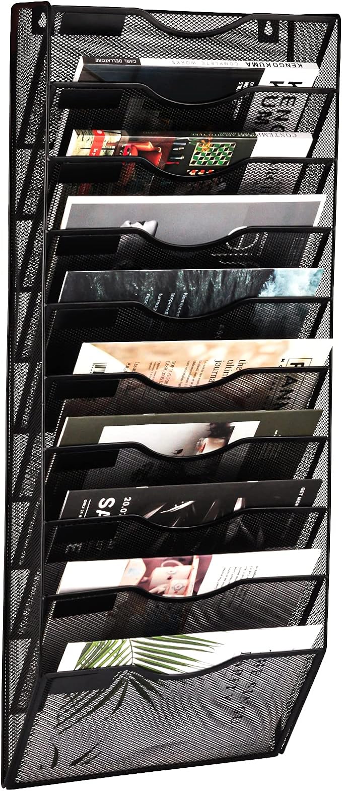 EASEPRES 10 Pocket Mesh Hanging Wall File Organizer, Wall Mounted Mail Paper Document Folder Holder, Clipboard Storage Organization Magazine Rack with Nametag Label for Office Home School, Black-DeskLoop Office