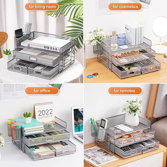 Marbrasse 3 Tier Mesh Desk Organizer with Drawer, Multi-Functional Desk Organizers and Accessories, Paper Letter Organizer with 2 Pen Holder for Home Office Supplies (Silver)-DeskLoop Office