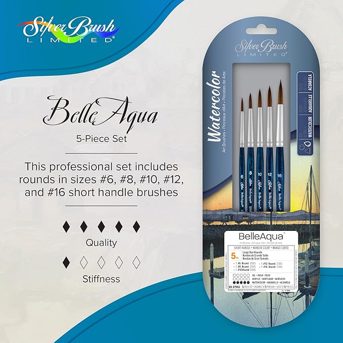 Silver Brush Limited BA-2706S BelleAqua Larger Size Round Watercolor Brush Set, 5pc Professional Short Handle Premium Soft Synthetic Red Sable Round Paint Brush Set, Sizes 6, 8, 10, 12, and 16-DeskLoop Office