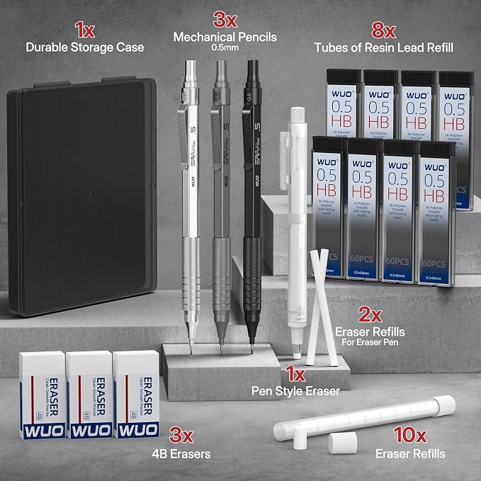 WUO 0.5mm Mechanical Pencil Set, 3 Metal Drafting Pencils - Image 7