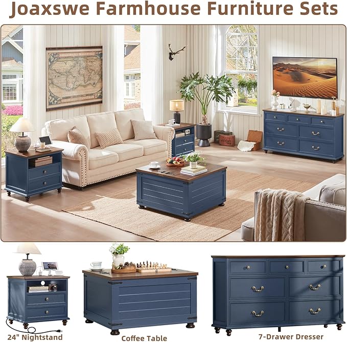 24" Wide Farmhouse Nightstand with Charging Station, End Table with 2 Drawers, Blue Wood Dresser for Bedroom Cabinet, Bed Side Table Chest of Drawers, Night Stand for Living Room, Closet-DeskLoop Office