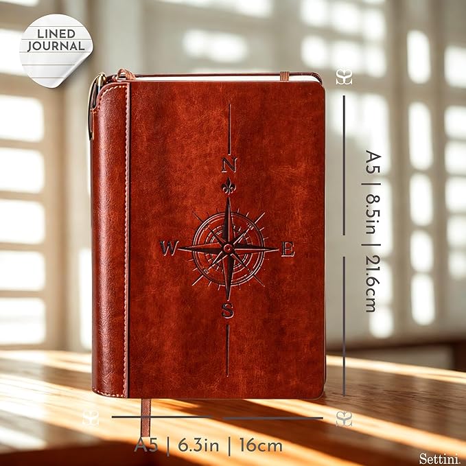 SETTINI® Lined Journal - Compass Journal for Writing Gift Set - Hardcover Vegan Leather, Includes Luxury Pen in a Unique Pen Holder, 192 Pages, 6 x 8.5 inches, Birthday Gift-DeskLoop Office