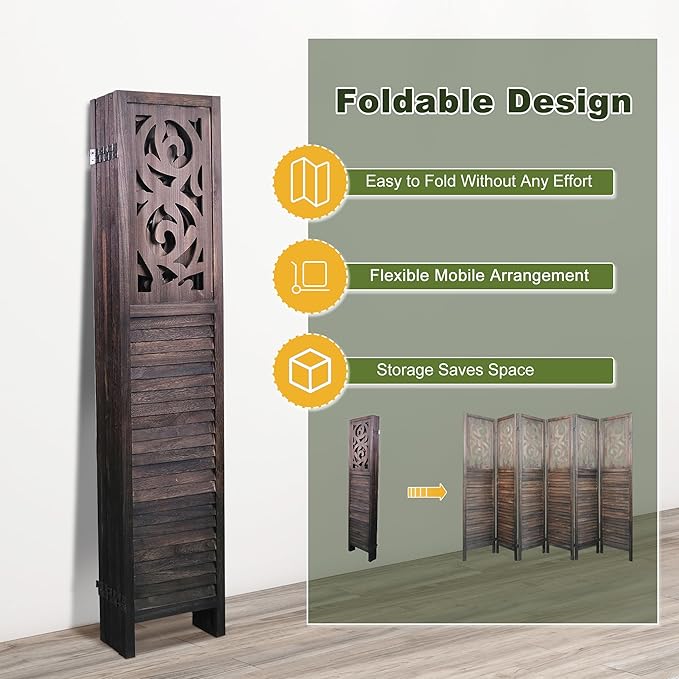 NicBex 6 Panel Room Divider,5.6FT Wood Carved Room Dividers,Folding Privacy Screens Portable Freestanding Partition Wall Dividers for Room Separation,Home Bedroom Office,Rustic Brown-DeskLoop Office