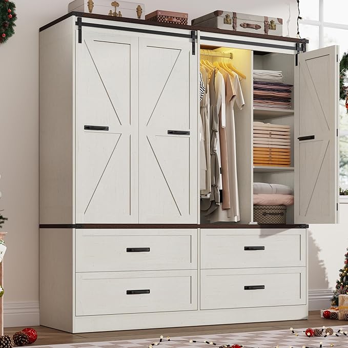 Farmhouse 4 Doors Armoire Wardrobe Closet w/Folding Sliding Barn Door and Lights, LED Armoire Closet w/Drawers for Bedroom, Freestanding Wooden Wardrobe Storage Closets w/Hanging Rod,Antique White-DeskLoop Office