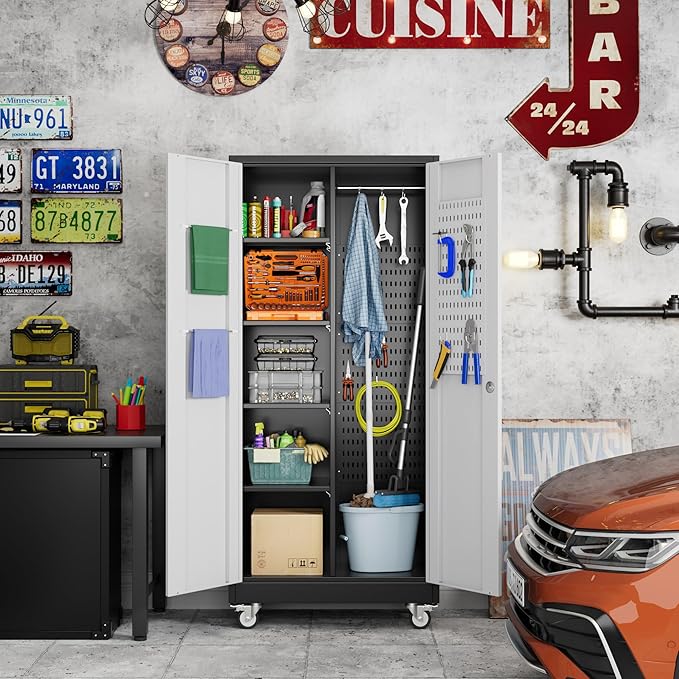 Garage Storage Cabinet with Wheels, Metal Tool Cabinet with Pegboards and 4 Adjustable Shelves, Garage Storage System with Lockable Door for Shools, Offices, Gyms and Pantries, Black and White-DeskLoop Office
