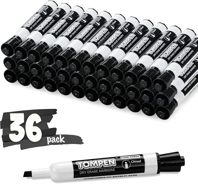 Dry Erase Markers Black 36 Count, Chisel Tip Whiteboard Markers by TOMPEN