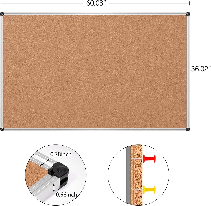 Large Cork Bulletin Board 60" X 36", Wall Mounted Notice Pin Board - Image 5