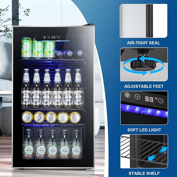 Antarctic Star Beverage Refrigerator -120 Can Mini Fridge for Soda Beer or Wine,Small Drink Dispenser, For Office or Bar with Adjustable Removable Shelves，Convertible Door ，3.1 Cu.Ft-DeskLoop Office