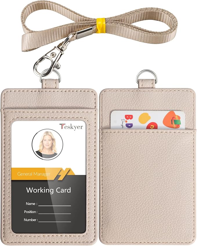 Teskyer Badge Holder with Lanyard, Leather ID Name Badge Card Holder with by TESKYER