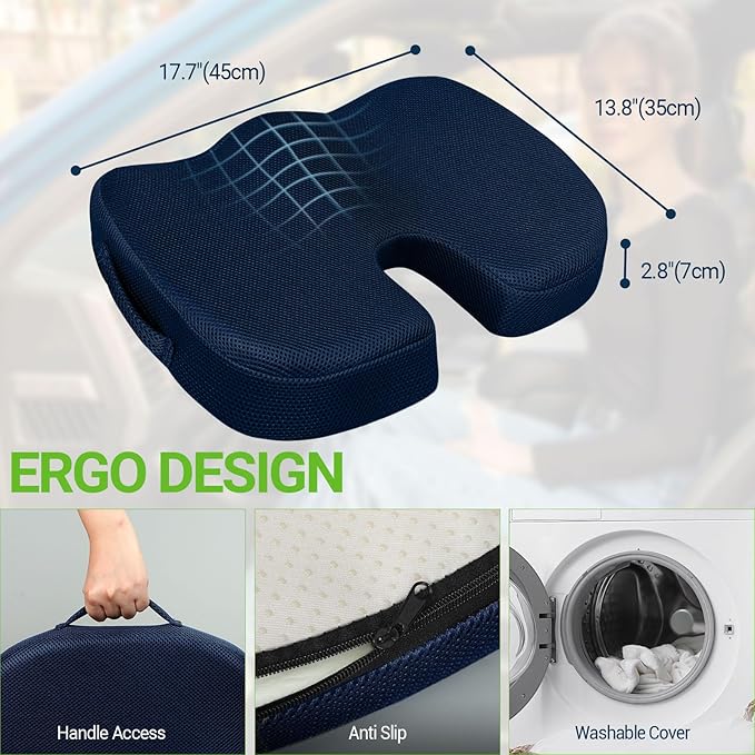 Gel Seat Cushion for Car Office - Memory Foam Pain Relief Chair Pillow Cushions - Tailbone Sciatica Coccyx Butt Lumbar Support Pad for Sitting Driving Traveling, Mesh, Blue-DeskLoop Office