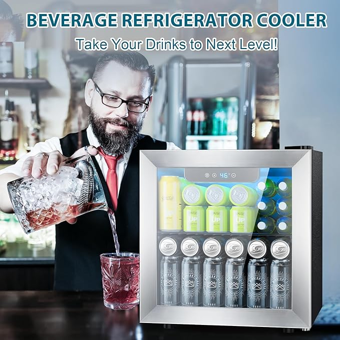 48 Can Beverage Refrigerator,12 Bottle Wine Cooler with Stainless Steel Glass Door, Digital Temperature Display, Countertop Mini Fridge for Soda, Wine or Beer, Silver-DeskLoop Office