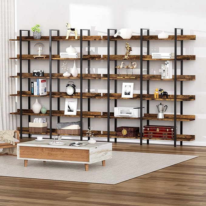 FRAPOW 83Inch Industrial Bookshelf and Bookcase, Double Wide 6 Tier Large Vintage Book Shelf with Metal Frame Open Bookshelves for Living Room Home Office-DeskLoop Office