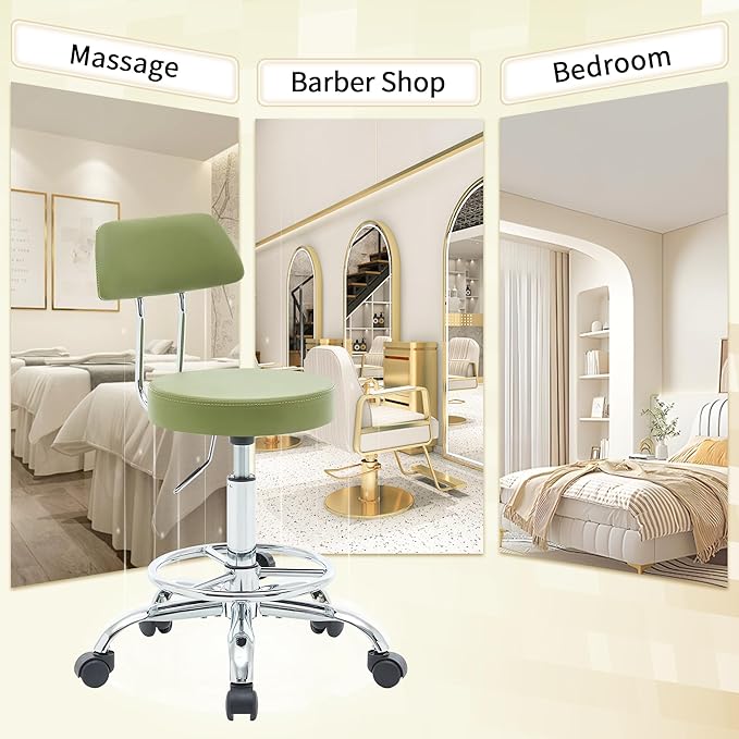Height Adjustable Stool 19.5’’-26.6’’, Rolling Chair with Back and Footrest, Green Esthetician Stool Ergonomic (Green)-DeskLoop Office