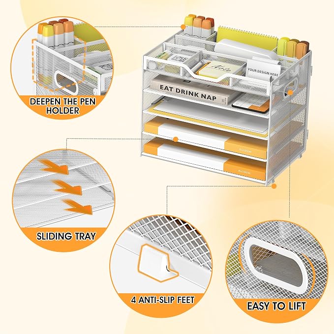 5 Tier Paper Letter Tray with 3 Drop-in Pen Holders, Mesh Desk File Organizer - Image 4