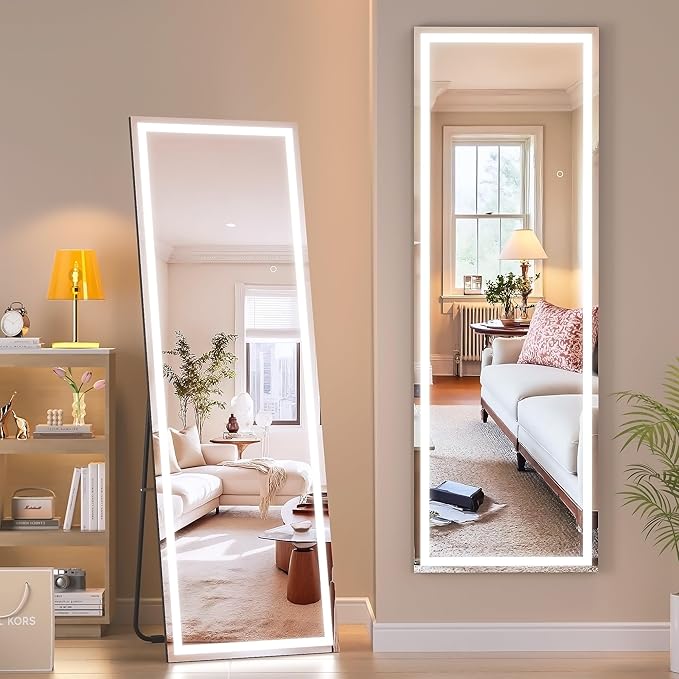 Hasipu Full Length Mirror with Lights, 56" x 15.8" LED Floor Mirror, Full Body Dressing Standing, Hanging Mounted Mirror for Living Room Bedroom Cloakroom, Square Black-DeskLoop Office