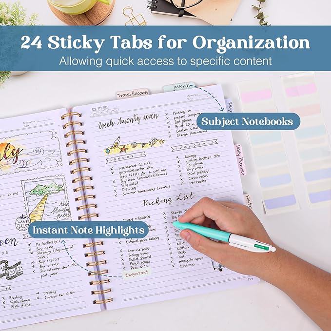 Spiral Notebook, 8.5” x 11” Notebooks for Work, 300 Numbered Pages College Ruled Notebook, Large Notebook for School with 24 Tabs, A4 Notebook Journal for Women Men, Thick Paper, Back Pocket, Purple