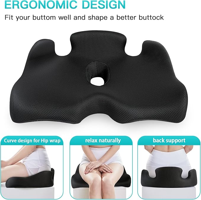 Benazcap Standard Memory Seat Cushion for Office Chair Pressure Relief Sciatica & Tailbone Pain Relief Firm Coccyx Pad for Long Sitting, Office Chair, Gaming Chair and Car Seat-Black, Standard Size-DeskLoop Office