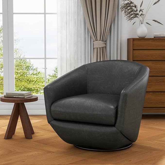 UIXE Faux Leather Swivel Accent Chairs Set of 2, Barrel Chair Upholstered Club Armchair for Living Room, Comfy Single Sofa Bedroom Side Reading Seat - Black-DeskLoop Office