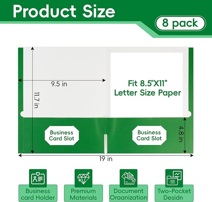 8 Packs Green Two Pocket File Folders, File Folder Letter Size, 8.5x11Inches - Image 2