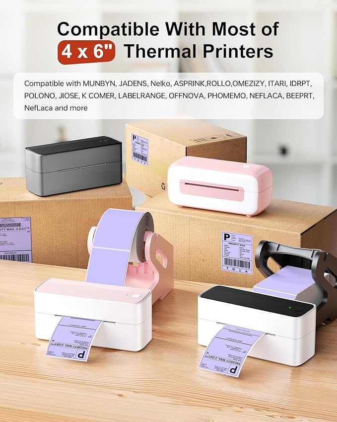 Phomemo 4x6 Thermal Labels for Shipping Label Printer - 500PCS Purple Mailing Labels - 4x6 Direct Thermal Labels Fanfold Compatible with Rollo,MUNBYN,iDPRT,JADENS,POLONO - Water/Oilproof - NO BPA/BPS