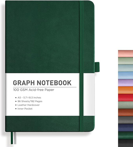 RETTACY Graph Grid Paper Notebook, 192 Pages, A5 Medium Size (5.7'' x 8.3''), 5 Squares per Inch, Leather Hardcover, 100 GSM Thick Paper, for School, Students, Math, Engineering (Dark Green)-DeskLoop Office