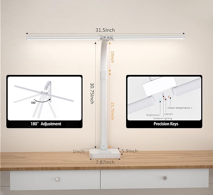Double Head LED Desk Lamp, Architect Desk Lamps for Home Office, 24W Brightest Workbench Office Lighting-5 Color Modes and 5 Dimmable Eye Protection Modern Desk Lamp (White-Desktop, Big)-DeskLoop Office
