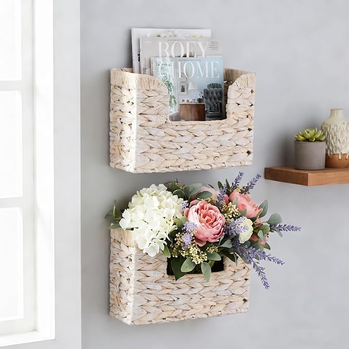 PINXIURY Magazine Holder Wall Basket Water Hyacinth Woven Mail Organizer - Image 3