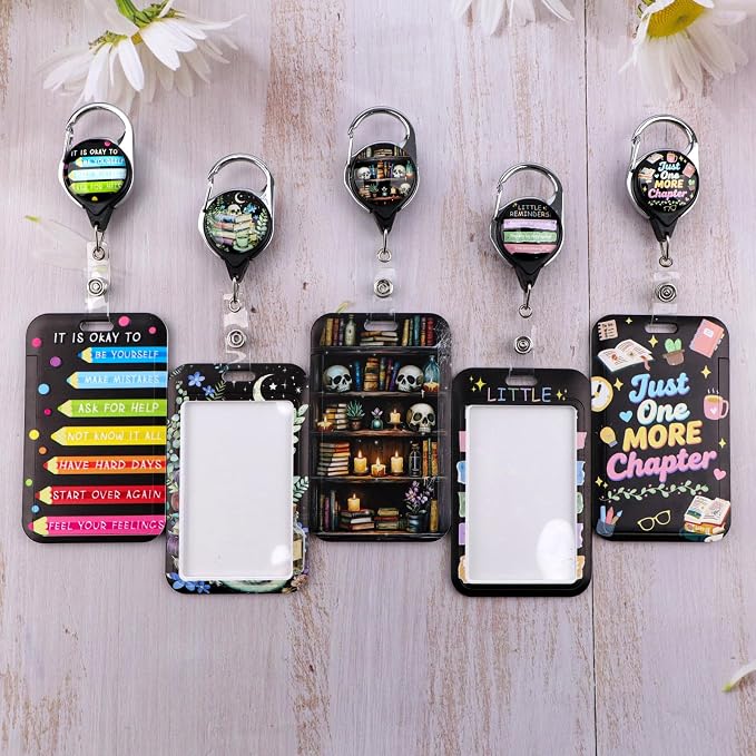 Cool Black Skull & Books Teachers ID Badge Holder Goth Witchy Keychain - Image 2