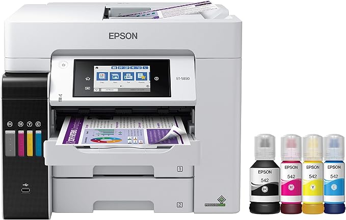 Epson EcoTank Pro ET-5850 Wireless Color All-in-One Supertank Printer, White & T522 EcoTank Ink Ultra-high Capacity Bottle Color Combo Pack (T522520-S)-DeskLoop Office