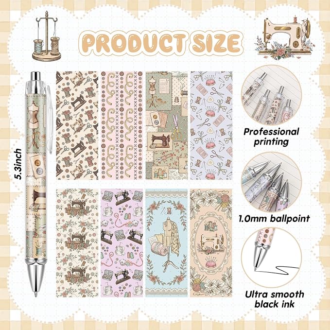 Ireer 8 Pcs Ballpoint Pens for Women 1.00 mm Cute Black Ink Pens Fine Point - Image 2