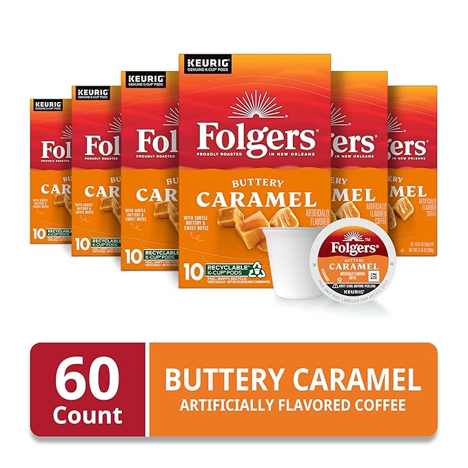Folgers Buttery Caramel Artificially Flavored Coffee, Keurig K-Cup Pods, 10 Count Box (Pack of 6)-DeskLoop Office