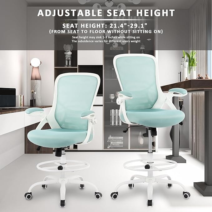 HYLONE Drafting Chair Tiffany Blue, Tall Office Chair Standing Desk Stool with Adjustable Height, Foot Ring, Flip-Up Arms, Mesh High-Back Office Chair, White-DeskLoop Office