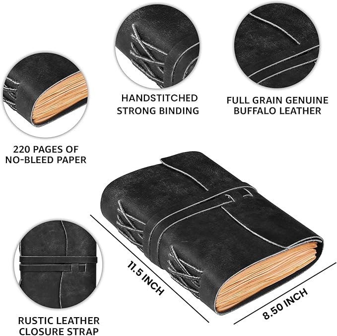 LEATHER VILLAGE Leather Bound Journal - Black, 11.5"X8.50", 220 Pages - Vintage Blank Paper Diary for Writing, Drawing, Sketchbook, and Travel Notebook - Ideal for Women and Men-DeskLoop Office
