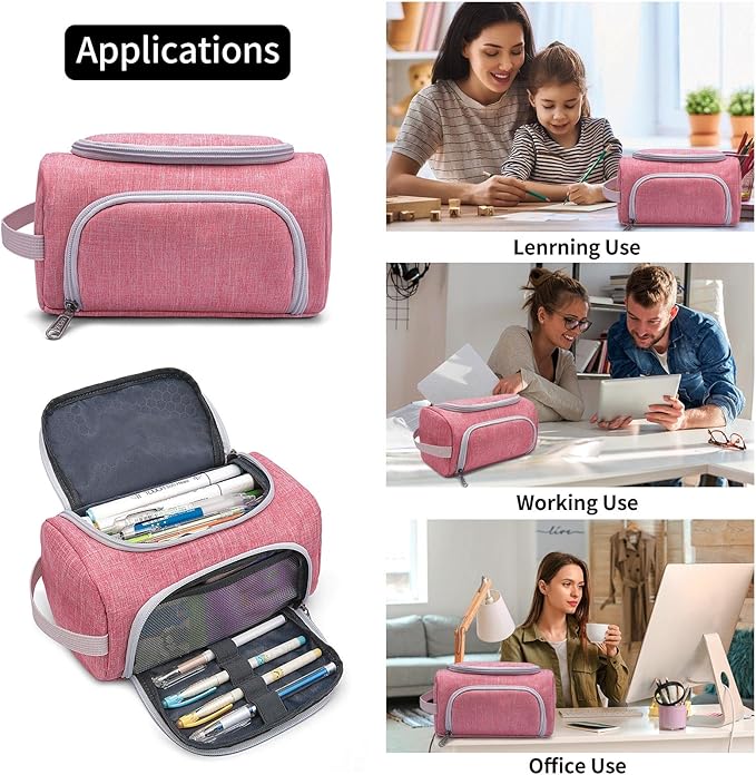 XQXA Extra Large Capacity Pencil Case Organizer, Multifunctional Pencil Pouch with Compartmens, Travel Simple Stationery Bag, Nylon Pencil Bag for Adults (Pink)-DeskLoop Office