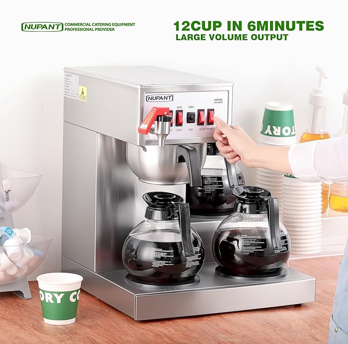 12 Cup Commercial Coffee Maker Auto Filling Drip Coffee Maker Machine with 3 Glass Carafes 3 Warmers Stainless Steel Pour Over Coffee Brewer with Hot Water Dispenser for Restaurant Office Cafe-DeskLoop Office