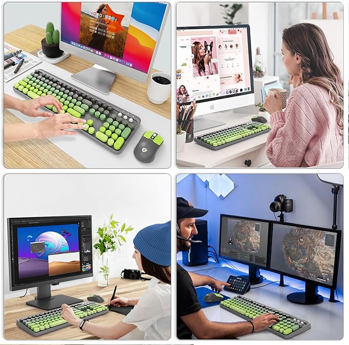 FOPETT Wireless Keyboard and Mouse Combo - 2.4G Full-Sized Cute Colorful Mouse and Keyboard with 104 Round Keys Retro Typewriter Keyboard for Laptop/Windows/PC - Green Gradient-DeskLoop Office