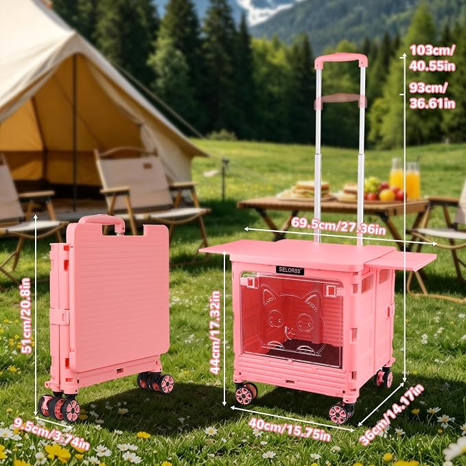 FELICON SELORSS Folding Utility Cart Portable Rolling Crate Handcart-Pink | - Image 7