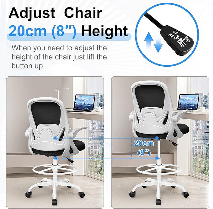 Drafting Chair Tall Office Chair with Flip-up Armrests, Adjustable Height, and Enhanced Lumbar Support - Ergonomic Rolling Stool, Back Support, and Adjustable Foot Rest Ring for Standing Desk White-DeskLoop Office
