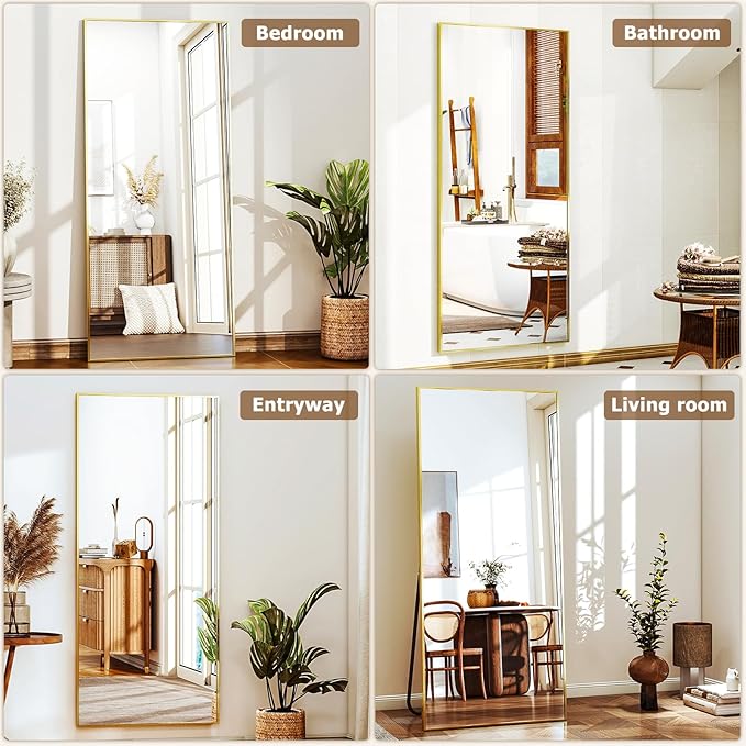 Full-Length Mirror, 24"x68" Floor Mirror with Stand, Wall-Mounted Mirror for Bathroom, Dressing Room - Hanging or Leaning - Full Body Mirrors for Bedroom, Gold-DeskLoop Office