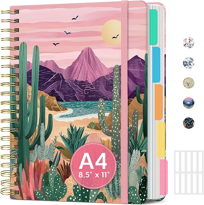 Large Lined Spiral Journal for Women Cute Hardcover 5 Subject Notebook for Work by Taja