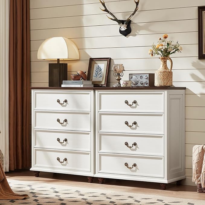 Farmhouse 4 Drawer Dresser for Bedroom, 37" Tall Rustic Chests of Drawers w/ 4 Solid Wood Feet, Mid Century Modern Wooden Closet Storage Dressers Organizer for Living Room, Hallway, White-DeskLoop Office