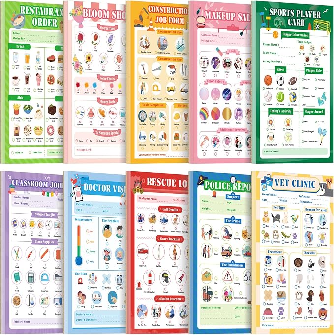 10 Pack Kids Pretend Play Notepads, 40 Pages Kids Playtime Pads, Educational by Unknown