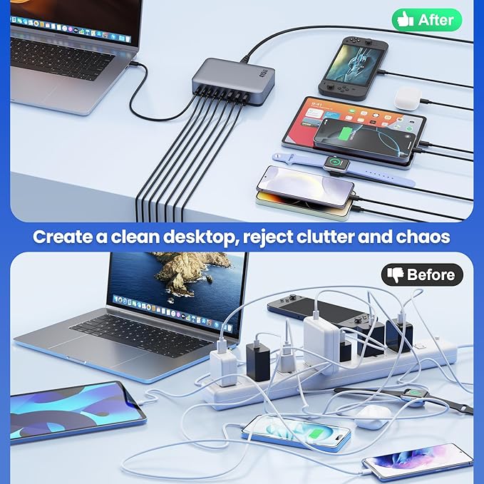 USB C Charger Block 515W[2025 Upgraded] GaN IV 8 Port Fast Charging Station Hub,Dual PD 100W USB C Laptop Charger Compatible with MacBook Pro/Air,iPad,iPhone 16/15,Galaxy S23/S24 Steam Deck Dell XPS-DeskLoop Office