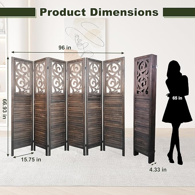 NicBex 6 Panel Room Divider,5.6FT Wood Carved Room Dividers,Folding Privacy Screens Portable Freestanding Partition Wall Dividers for Room Separation,Home Bedroom Office,Rustic Brown-DeskLoop Office