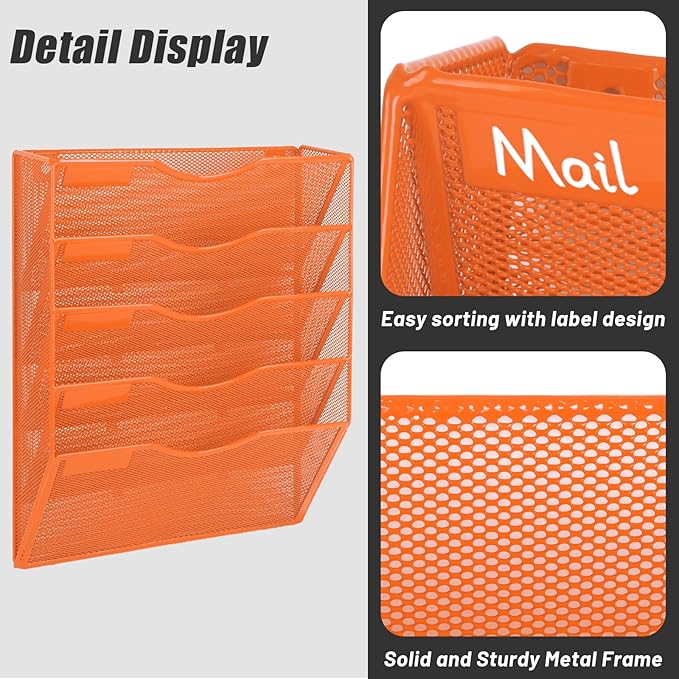 EASEPRES 5 Pocket Mesh Hanging Wall File Organizer, Wall Mounted Mail Paper Document Folder Holder, Clipboard Storage Organization Magazine Rack with Nametag Label for Office Home School, Orange-DeskLoop Office