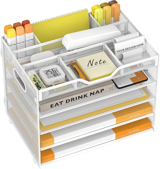 5 Tier Paper Letter Tray with 3 Drop-in Pen Holders, Mesh Desk File Organizer by OrgMate