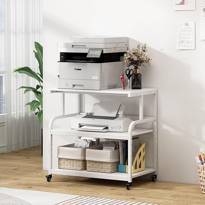 Printer Stand, 32.3" x 18.9" x 32.1" Extra Large Printer Table with Adjustable Storage Shelf, 3 Tier Rolling Printer Cart with Industrial Wheels for Home Office, White-DeskLoop Office
