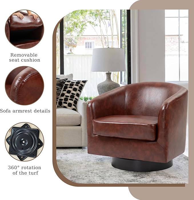 UIXE Faux Leather Swivel Accent Chair with Wood Base, Modern Upholstered Barrel Chairs for Living Room, Comfy Round Armchair Single Sofa Bedroom Reading Seat - 31" W, Red Brown-DeskLoop Office